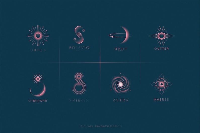 May include: A set of 8 minimalist logo designs featuring celestial and space-themed imagery. The logos are rendered in a pink and white color scheme on a dark blue background. The logos include a sun, a crescent moon, a spiral galaxy, a star, and other abstract shapes.