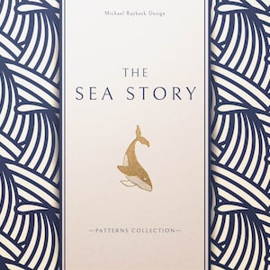 May include: A gold whale illustration on a cream background with the text "THE SEA STORY - PATTERNS COLLECTION -" and a blue and white geometric pattern on either side.