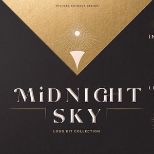 May include: A logo kit collection titled "Midnight Sky" with various celestial-themed designs in gold on a black background. The designs include suns, moons, and stars, with text such as "Astral" and "Inner Eye Studio". The design is by Michael Rayback.
