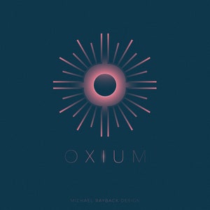 May include: A pink and white logo with the word "OXIU M" in a sans-serif font. The logo features a stylized sun with a pink circle in the center and radiating lines.
