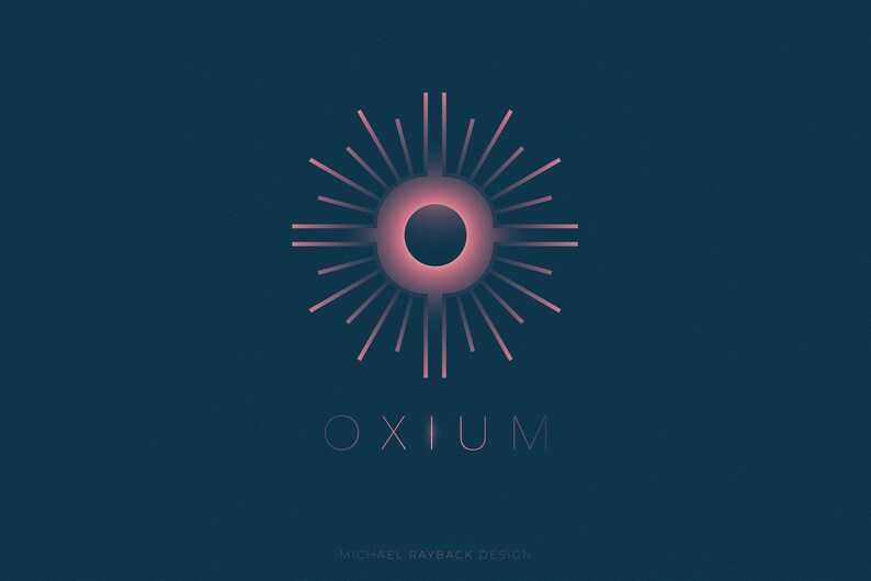 May include: A pink and white logo with the word "OXIU M" in a sans-serif font. The logo features a stylized sun with a pink circle in the center and radiating lines.