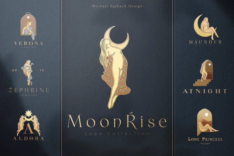 May include: A collection of gold and beige logos on a dark blue background. The logos feature illustrations of women, moons, and arches. Text includes "VERONA FASHION", "ZEPHRINE JEWELRY", "ALDORA", "MAUNDER", "ATNIGHT", and "LONE PRINCESS NATURA". The title "Moon Rise Logo Collection" is also present.