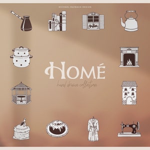 100 handgezeichnete Elemente -Home- Illustrationen - Elemente - Küche - Home - Gemütlichkeit - Dekoration - Haus - Design