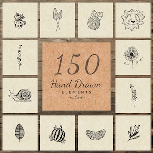150 Elementos Desenhados à Mão -Natureza III- Animais - Botânico - Floral - Ramo - Logotipo - Clipart - ilustração -