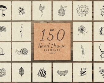 150 Hand Drawn Elements -Nature III- Animals - Botanical - Floral - Branch - Logo - Clipart - illustration -