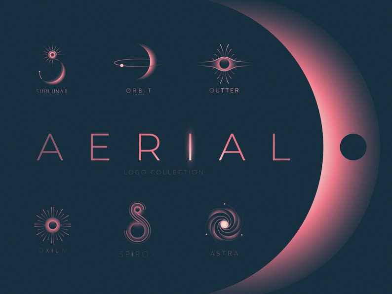 May include: A collection of six minimalist logos with celestial themes. The logos are pink and white on a dark blue background. The logos are named "Sublunar", "Orbit", "Outer", "Oxius", "Spiro", and "Astra".