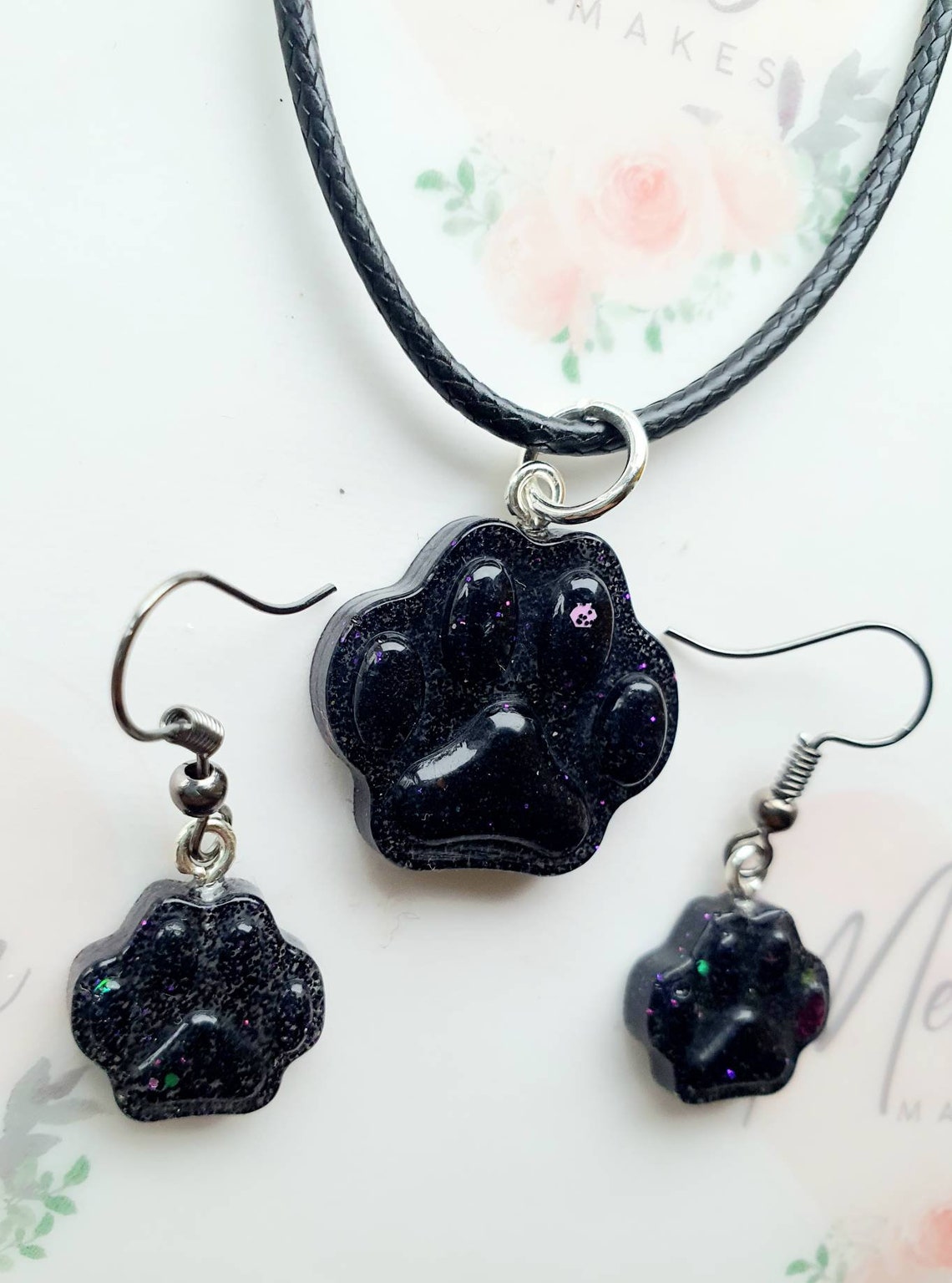 Dog paw jewellery set Black dog earring and necklace set | Etsy