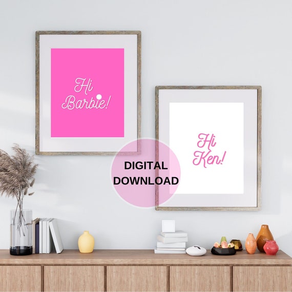 Hi Barbie Hi Ken Wall Art Set Wall Print Set of 2 Pink and White