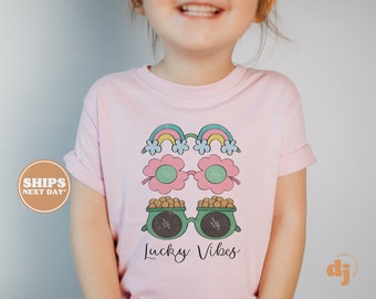 Kids St. Patrick's Day Shirt - Lucky Vibes Kids Retro TShirt - St. Patricks Day Retro Natural Infant, Toddler & Youth Tee #5528