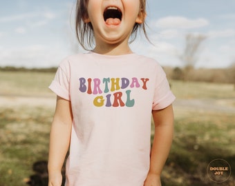 Chemise enfant fille anniversaire rétro - chemise fille anniversaire lettre ondulée arc-en-ciel - t-shirt naturel anniversaire filles, bambin et jeune #5221