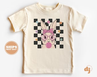 Kids Easter Shirt - Bunny Black Checkered Kids Retro TShirt - Easter Retro Natural Infant, Toddler & Youth Tee #5521