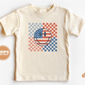 4th of July Shirt, Memorial Day, Flag Shirt, Cute Vintage Baby Bodysuit, Toddler Shirt, Happy Face Checkered Red & Blue #5205