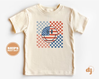 4th of July Shirt, Memorial Day, Flag Shirt, Cute Vintage Baby Bodysuit, Toddler Shirt, Happy Face Checkered Red & Blue #5205