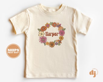 Girls Personalized Name in Floral Wreath Shirt - Custom Name Toddler Shirt - Personalized Natural Infant, Toddler & Youth Tee #5173