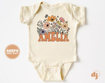 Baby Bodysuit - Retro Boho Personalized Bodysuit with Name - Baby Girl Retro Natural Baby Bodysuit #5873-P-WID