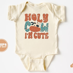 Baby Bodysuit - Holy Cow I'm Cute Bodysuit - Funny Baby Retro Natural Baby Bodysuit #5473