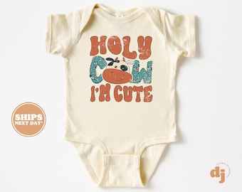 Baby Bodysuit - Holy Cow I'm Cute Bodysuit - Funny Baby Retro Natural Baby Bodysuit #5473