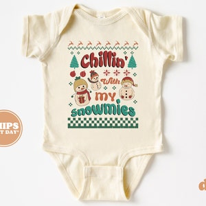 Christmas Baby Bodysuit - Chillin With My Snowmies Christmas Bodysuit - Retro Holiday Natural Baby Bodysuit #5432
