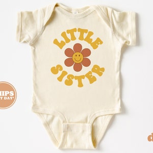 Little Sister Baby Bodysuit - Retro Pregnancy Announcement Bodysuit - Girls Natural Baby Bodysuit #5095