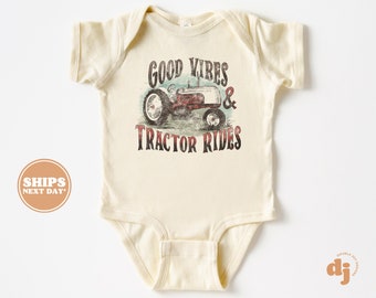 Baby Bodysuit - Good Vibes & Tractor Rides Bodysuit - Funny Western Baby Retro Natural Baby Bodysuit #5647