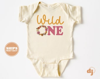 Wild One 1st Birthday Baby Bodysuit -  1st Birthday Girls Birthday Bodysuit - Flower Wreath Birthday Natural Baby Bodysuit & Tee #5517