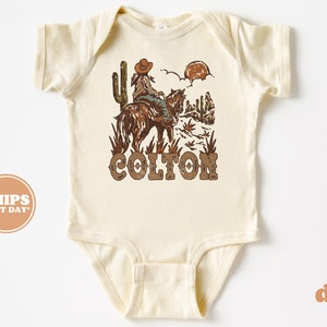 Baby Bodysuit - Retro Western Cowboy Personalized Bodysuit with Name - Baby Boy Retro Natural Baby Bodysuit #5893
