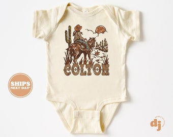 Baby Bodysuit - Retro Western Cowboy Personalized Bodysuit with Name - Baby Boy Retro Natural Baby Bodysuit #5893