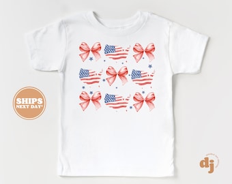 4th of July Memorial Day Toddler T-shirt - American Flag with Bows Kids TShirt - Retro Natural Infant, Toddler, Youth & Adult Tee #6349