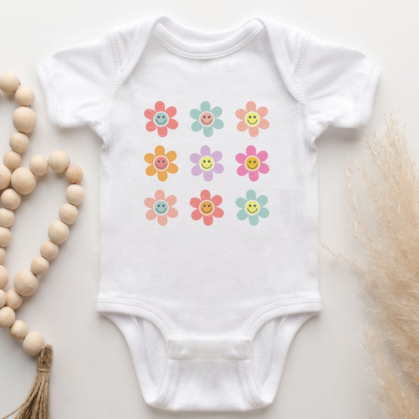 Baby Bodysuit - Happy Face Daisy Bodysuit - Groovy Retro Natural Baby Bodysuit #5023