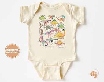 Baby Bodysuit - Types of Dinosaurs Bodysuit - Retro Natural Baby Bodysuit #5910