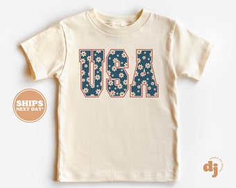 Toddler T-shirt - USA Floral - Indigo 4th of July Memorial Day Kids TShirt - Retro Natural Infant, Toddler, Youth & Adult Tee #6360