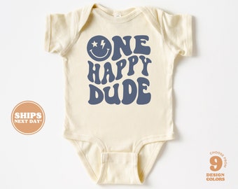 One Happy Dude 1st Birthday Baby Bodysuit - Boy 1st Birthday Bodysuit - Wavy Letters First Birthday Baby Bodysuit  #5871-C