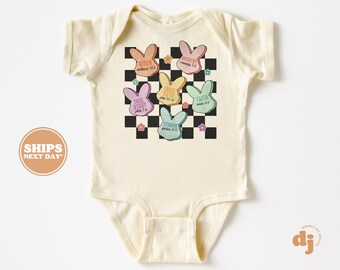 Christian Baby Bodysuit - Bunny Bible Verses Checkered - Christian Bodysuit - Retro Natural Baby Bodysuit #6119