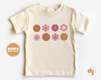 Toddler T-shirt - Happy Face Flowers Bundle Kids Retro TShirt - Retro Natural Infant, Toddler & Youth Tee #5061