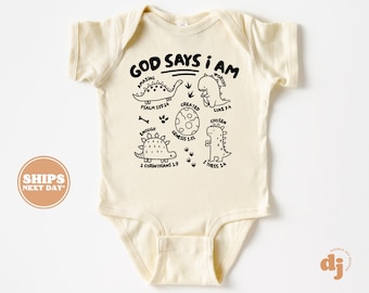 Christian Baby Bodysuit - God Says I Am Christian Bodysuit - Retro Natural Baby Bodysuit #5783