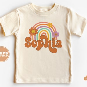 Personalized Girl Shirt - Retro Rainbow Daisy Toddler Shirt - Personalized Infant, Toddler & Youth Natural Tee #5091