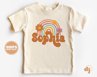 Personalized Girl Shirt - Retro Rainbow Daisy Toddler Shirt - Personalized Infant, Toddler & Youth Natural Tee #5091