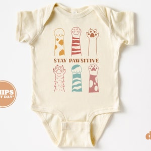 Baby Bodysuit - Stay Pawsitive Bodysuit - Cute Retro Natural Baby Bodysuit #5670