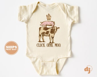 Baby Bodysuit - Cluck Oink Moo Bodysuit - Cute Farm Animal Cow Baby Retro Natural Baby Bodysuit #5706