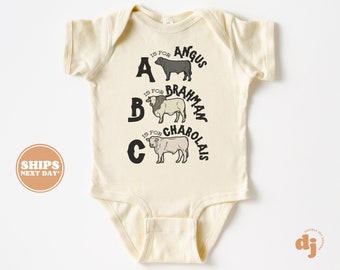 Baby Bodysuit - Farm Animal ABC Cows Is Bodysuit - Cute Farm Baby Retro Natural Baby Bodysuit #5626