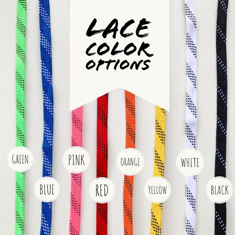 May include: Lace color options for shoelaces.  The laces are shown in green, blue, pink, red, orange, yellow, white, and black.