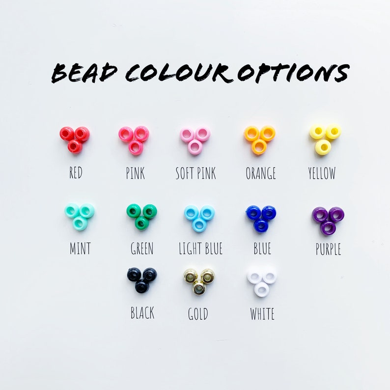 May include: A chart showing 13 different bead colors, including red, pink, soft pink, orange, yellow, mint, green, light blue, blue, purple, black, gold, and white.