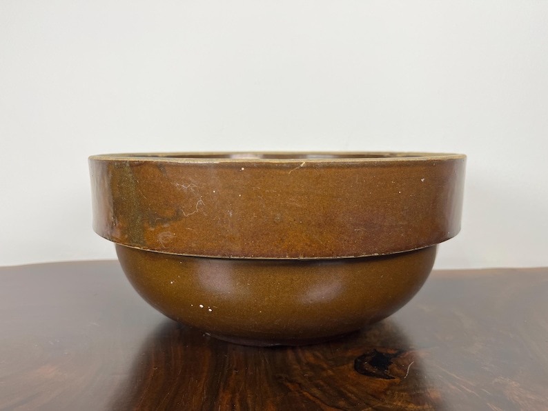 May include: A brown ceramic bowl with a wide, flat rim and a rounded base. The bowl has a two-tiered design, with the rim forming a distinct upper level. The surface has a slightly glossy finish, and the color is a warm, earthy brown.