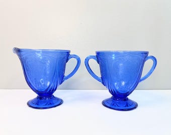 Juego de lechera y azucarero Hazel Atlas Royal Lace azul cobalto