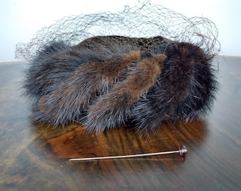 Vintage 1950s Brown Mink Fur Hat With Satin Bow Netting - Etsy display picture 2