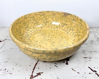 Antique 10.5" Yellow Spongeware Bowl, Mid 1800's Primitive Kitchen Decor