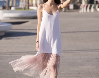 White Tulle Ruffle Slip Dress: Boho Bridal Maxi Sundress