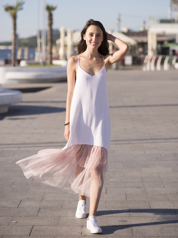 White Tulle Ruffle Slip Dress: Boho Bridal Maxi Sundress White Tulle Ruffle Slip Dress: Boho Bridal Maxi Sundress