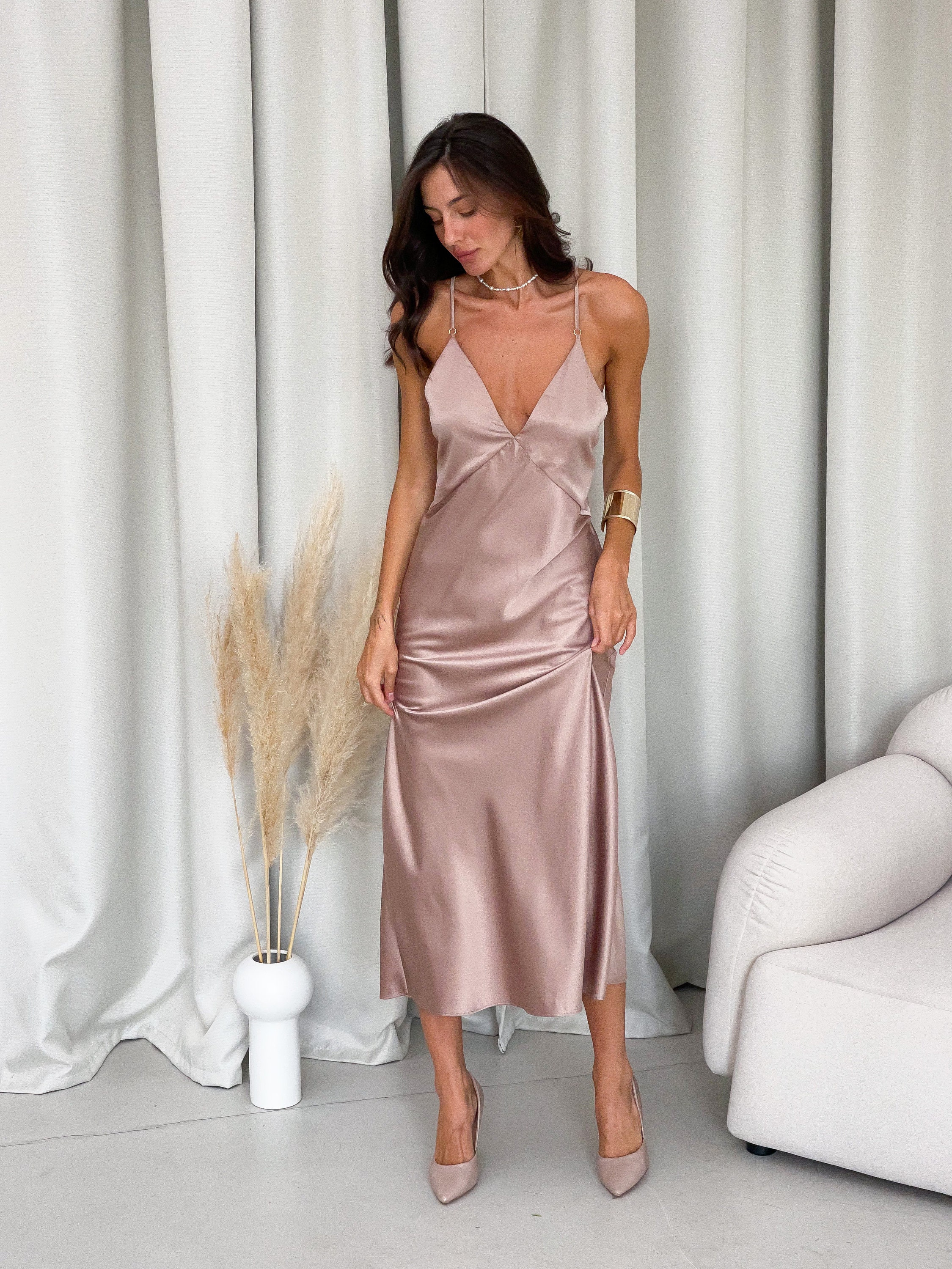 Beige Silk Slip Dress: Midi Bias Cut Minimalist Gown