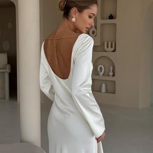 Open back white satin dress mid-calf long ivory dress faux silk party ankle long dress Minimalist dress 60s bridesmaid Prom dress